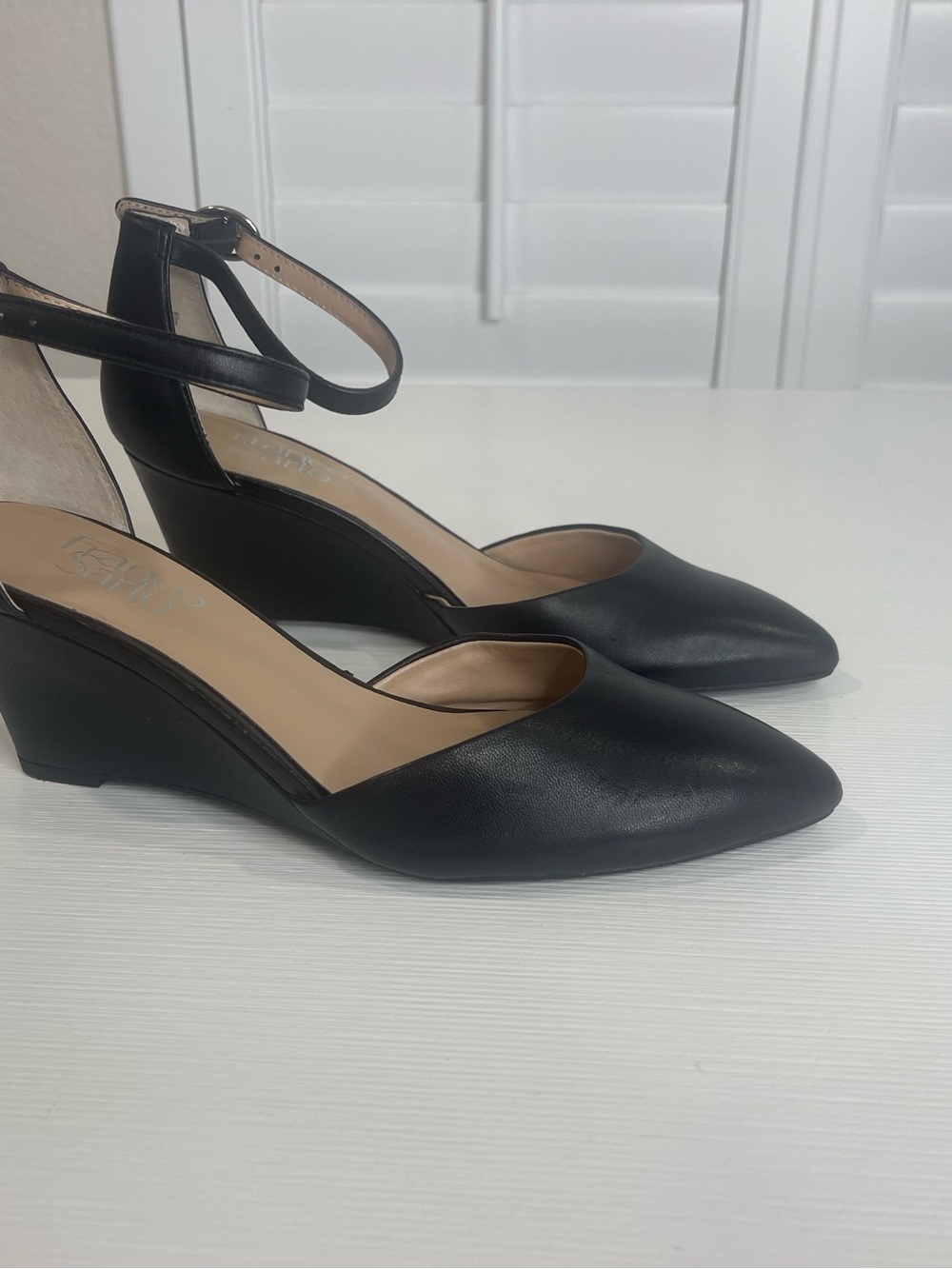 Frank Sarto Black Leather Pointed-Toe Wedge Pumps with Ankle Strap